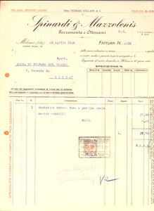 Documento originale, autentico 1929 MILANO Ditta Cesare VILLANI Ferramenta SPINARDI MAZZOLENIS Ottonami Fattura 1
