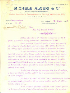 Documento originale, autentico 1923 NAPOLI Michele ALGERI Elettricità Meccanica e affini Lettera commerciale 1