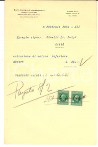 Documento originale, autentico 1934 MILANO Parcella del chirurgo dentista Aurelio AMBROSETTI Autografo 1
