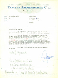 Manoscritto, lettera originale 1969 MILANO Officina carte valori TURATI LOMBARDI & C certificati DE ANGELIFRUA 1