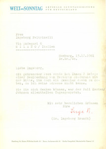 Manoscritto, lettera originale 1961 HAMBURG Ingeborg BRANDT conferenza Giovanni TESTORI Welt am Sonntag 1