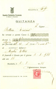 Documento originale, autentico 1938 LIMBIATE MI Ospedale psichiatrico MOMBELLO Funerali Ettore MOGLIA 1
