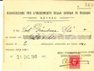 Documento originale, autentico 1941 SEVESO MB Versamento Gianluca DHO a Associazione per Scuola di Disegno 1