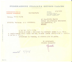 Autografo originale 1956 CALCIO Lettera FIGC a Franco NOBILE giocatore VOGHERESE per reclamo 1