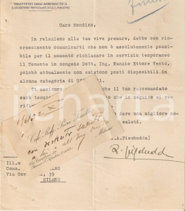 Documento originale, autentico 1932 MILANO Tenente Nunzio Ettore VENTO non può essere raccomandato Lettera 1