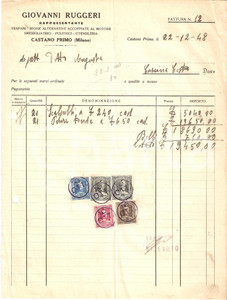 Manoscritto, lettera originale 1948 CASTANO PRIMO MI Rappresentante Giovanni RUGGERI Trapani Fattura 1