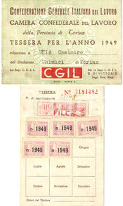Oggetto da collezione cartaceo 1949 TORINO Sindacato chimici Tessera Casimiro UNIA marche Camera del Lavoro 1