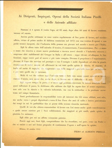 Documento originale, autentico 1932 MILANO Morte Giovanni Battista PIRELLI Comunicato ai dipendenti Volantino 1