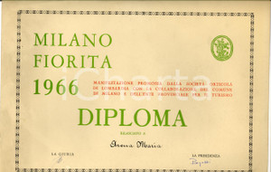 Documento originale, autentico 1966 MILANO FIORITA Diploma per Maria ARENA SocietÃ  Orticola LOMBARDIA 1