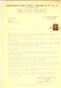 Documento originale, autentico 1945 MILANO Aeromeccanica ing. ASCOLI  Assunzione Carlo GRASSI magazziniere 1