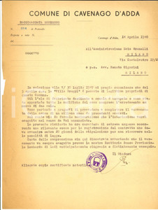 Documento originale, autentico 1948 CAVENAGO D ADDA LO Passaggio VILLA GREPPI a proprietÃ  comunale 1