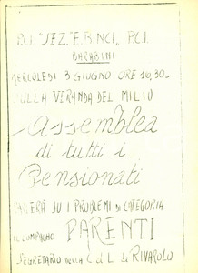 Materiale pubblicitario d’epoca 1970 ca GENOVA RIVAROLO PCI Pietro PARENTI Assemblea Pensionati ai BARABINI 1