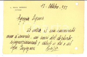 Autografo originale 1935 MILANO Biglietto pittore Raul BOSISIO Autografo 1