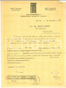 Documento originale, autentico 1946 MILANO FIAT Ordine di un furgone 1100/L con accessori Lettera 1