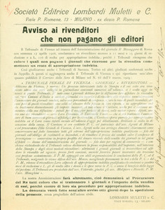 Documento originale, autentico 1909 MILANO SocietÃ  Editrice LOMBARDI MULETTI contro rivenditori Volantino 1