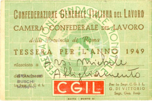 Oggetto da collezione cartaceo 1949 ROMA Tessera F.I.L.A. Federazione abbigliamento Michele ARSI CGIL 1
