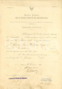 Documento originale, autentico 1897 MILANO SocietÃ  Ital. Strade Ferrate MEDITERRANEO Angelo MOLINO conduttore 1