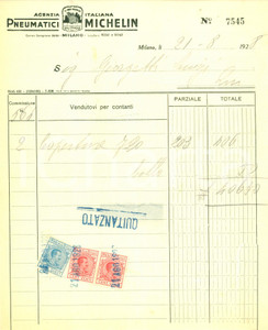 Documento originale, autentico 1928 MILANO Agenzia Italiana Pneumatici MICHELIN Fattura DANNEGGIATA 1