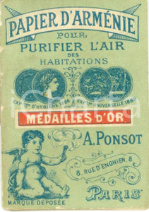 Materiale pubblicitario d’epoca 1900 PARIS Ditta PONSOT Papier d ARMENIE pour purifier l air ILLUSTRATO 1