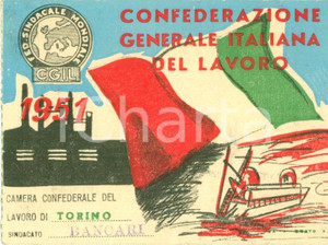 Oggetto da collezione cartaceo 1951 TORINO Sindacato CGIL Bancari Tessera Giovanni BUSATTO Illustrata 1