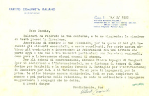 Autografo originale 1952 ROMA PCI Alberto CARACCIOLO organizza riunione compagni storici AUTOGRAFO 1