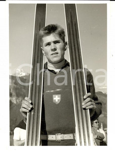 Fotografia d epoca originale 1950 ca SWITZERLAND Campionati SCI ALPINO Ritratto di Hanskurt HAUSWIRTH Foto 1