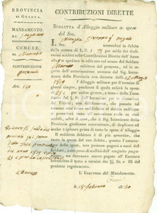 Documento originale, autentico 1820 MONTOGGIO GE Giuseppe MINAGLIA deve pagare alloggio militare Documento 1