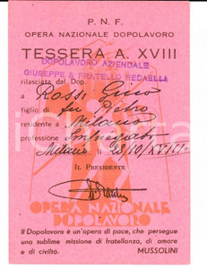 Documento originale, autentico 1939 MILANO Dopolavoro aziendale Giuseppe REDAELLI Tessera Gino ROSSI 1