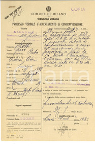 Documento originale, autentico 1944 WW2 MILANO via DANTE Multa per circolazione a piedi durante allarme aereo 1