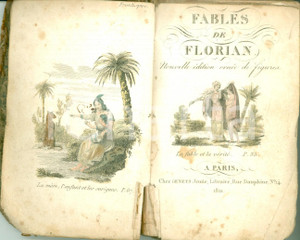1821 FABLES DE FLORIAN Nouvelle Ã©dition ornÃ©e de figures *ILLUSTRATO DANNEGGIATO DATA: 1821TITOLO: FABLES DE FLORIANNOUVELLE EDITION ORNEE DE FIGURESDESCRIZIONE: Legatura rigida coeva in cuoio; tavole fuori testo colorate a mano.EDITORE: Genets - ParisPAGINE: 213FORMATO: cm 9 x 13CONDIZIONI: danneggiato (profonde e diffuse abrasioni ai piatti, con strappi; estese bruniture alle pagine interne).Volume d'epoca, originale, autentico.    originale e autentica 1