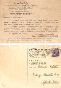 Documento originale, autentico 1944 TORINO Assicurazioni IL MONDO comunicano scadenza premio Francobollo RSI 1