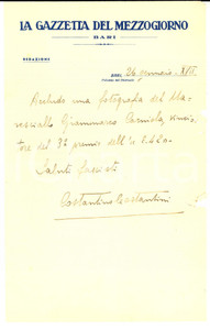 Autografo originale 1939 BARI  GAZZETTA DEL MEZZOGIORNO Costantino COSTANTINI invia foto Autografo 1