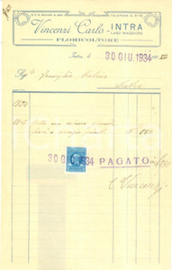 Documento originale, autentico 1934 VERBANIA INTRA Carlo VINCENZI floricoltore Fattura commerciale 1