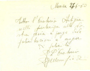 Autografo originale 1950 MONZA Oratorio Artigianelli P. Luigi MANFREDINI augura felicità  AUTOGRAFO 1