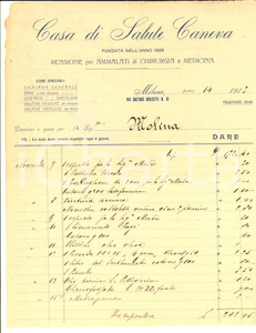 Documento originale, autentico 1913 MILANO Casa di Cura CANEVA  Conto manoscritto per ammalato 1