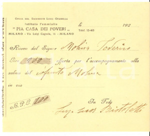 Documento originale, autentico 1920 ca MILANO Istituto Femminile PIA CASA DEI POVERI Ricevuta per defunto 1