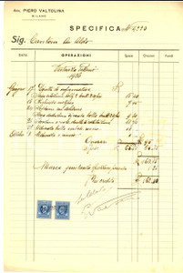 Documento originale, autentico 1936 MILANO Conto dell avvocato Piero VALTOLINA Manoscritto 1