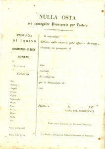 Documento originale, autentico 1870 ca TORINO Nulla osta per conseguire il passaporto estero NON COMPILATO 1