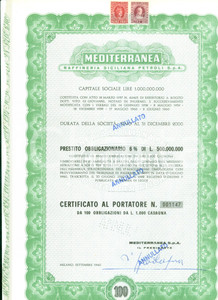 Oggetto da collezione cartaceo 1960 MILANO Raffineria Siciliana Petroli MEDITERRANEA Certificato azionario 1