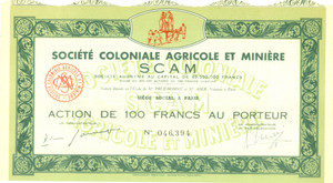 Oggetto da collezione cartaceo 1930 ca PARIS SociÃ©tÃ© Agricole Coloniale Marine SCAM Certificato 20 CEDOLE 1