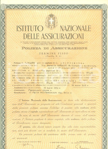 Documento originale, autentico 1938 ISTITUTO NAZIONALE DELLE ASSICURAZIONI Polizza vita di Marcello CATTALINI 1