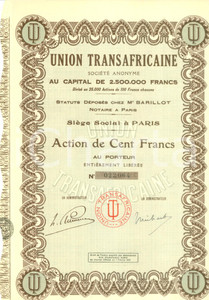 Oggetto da collezione cartaceo 1931 PARIS Société Anonyme UNION TRANSAFRICAINE Action Cent Francs 1