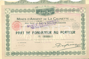 Oggetto da collezione cartaceo 1923 CARCASSONNE Mines d argent de LA CAUNETTE et de l ORBIEL Action au porteur 1