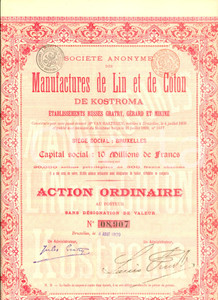 Oggetto da collezione cartaceo 1899 BRUXELLES Manufactures de Lin et Coton de KOSTROMA Action ordinaire 1