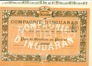 Oggetto da collezione cartaceo 1898 PARIS Compagnie d INGUARAN Parts de BÃ©nÃ©fices au Porteur Certificato 1