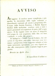 Documento originale, autentico 1821 BRESCIA Norme per acquirenti dell acqua della SERIOLA CASTRINA Manifestino 1