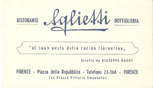 Oggetto da collezione cartaceo 1960 ca FIRENZE Ristorante AGLIETTI Diretto da Giuseppe RADDI Biglietto 1