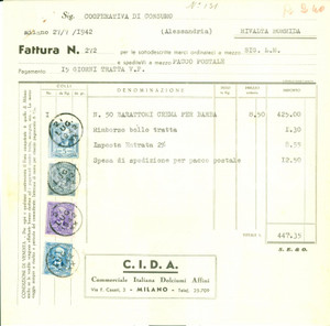 Documento originale, autentico 1942 MILANO Commerciale Italiana Dolciumi Affini C.I.D.A. Fattura commerciale 1