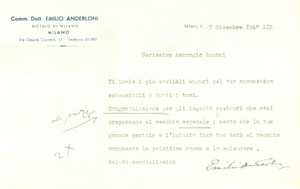 Documento originale, autentico 1940 MILANO Notaio Emilio ANDERLONI si congratula per restauri all Ospedale 1