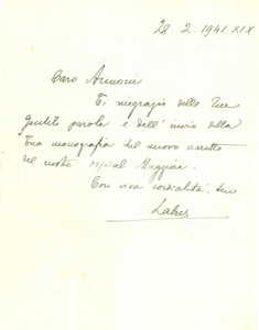 Autografo originale 1941 MILANO Pietro LABUS ringrazia per invio di una monografia AUTOGRAFO 1